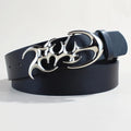 Silver buckle on a 105cm long, 3.3cm wide PU leather casual belt.