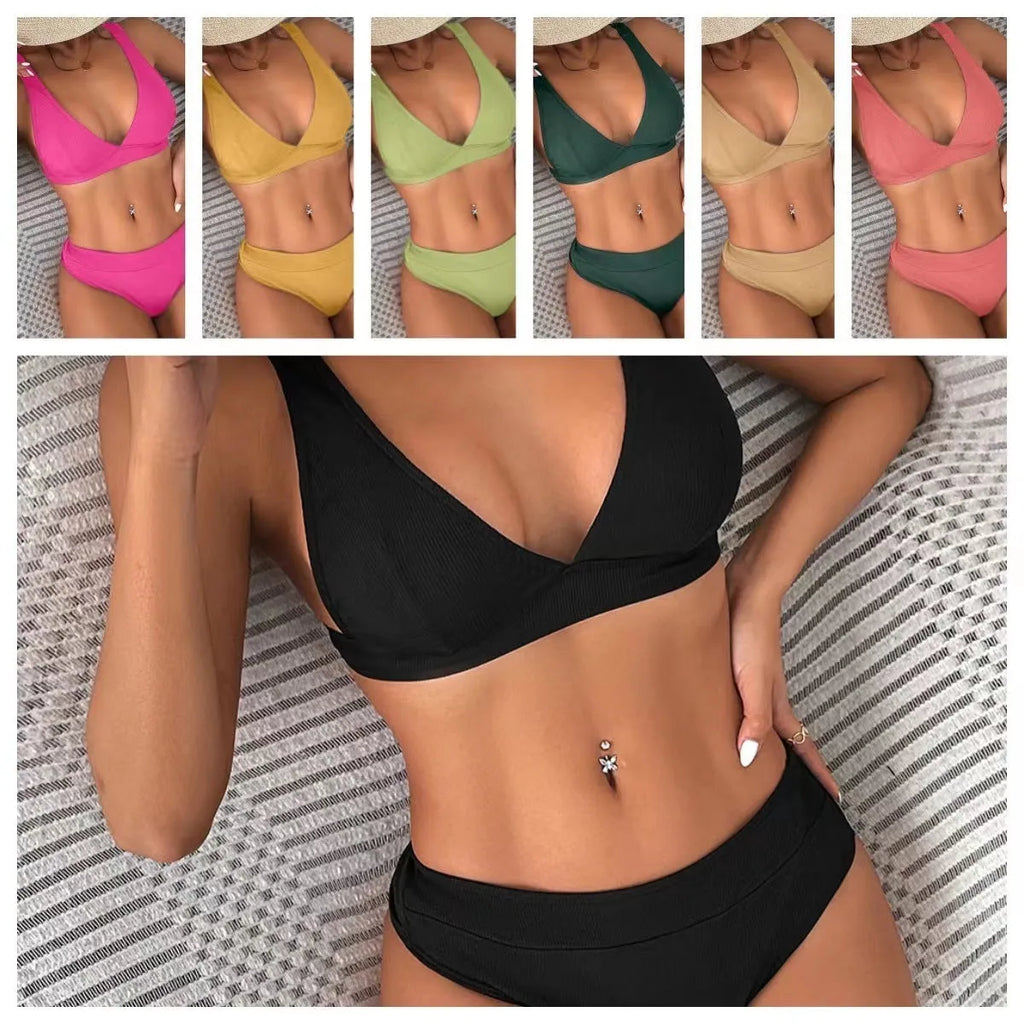 Women's high waist ribbed bikini with lace-up split design and backless triangle briefs in solid colours