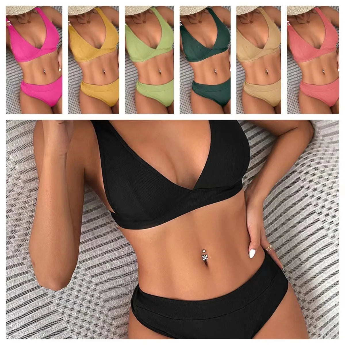 Women's high waist ribbed bikini with lace-up split design and backless triangle briefs in solid colours