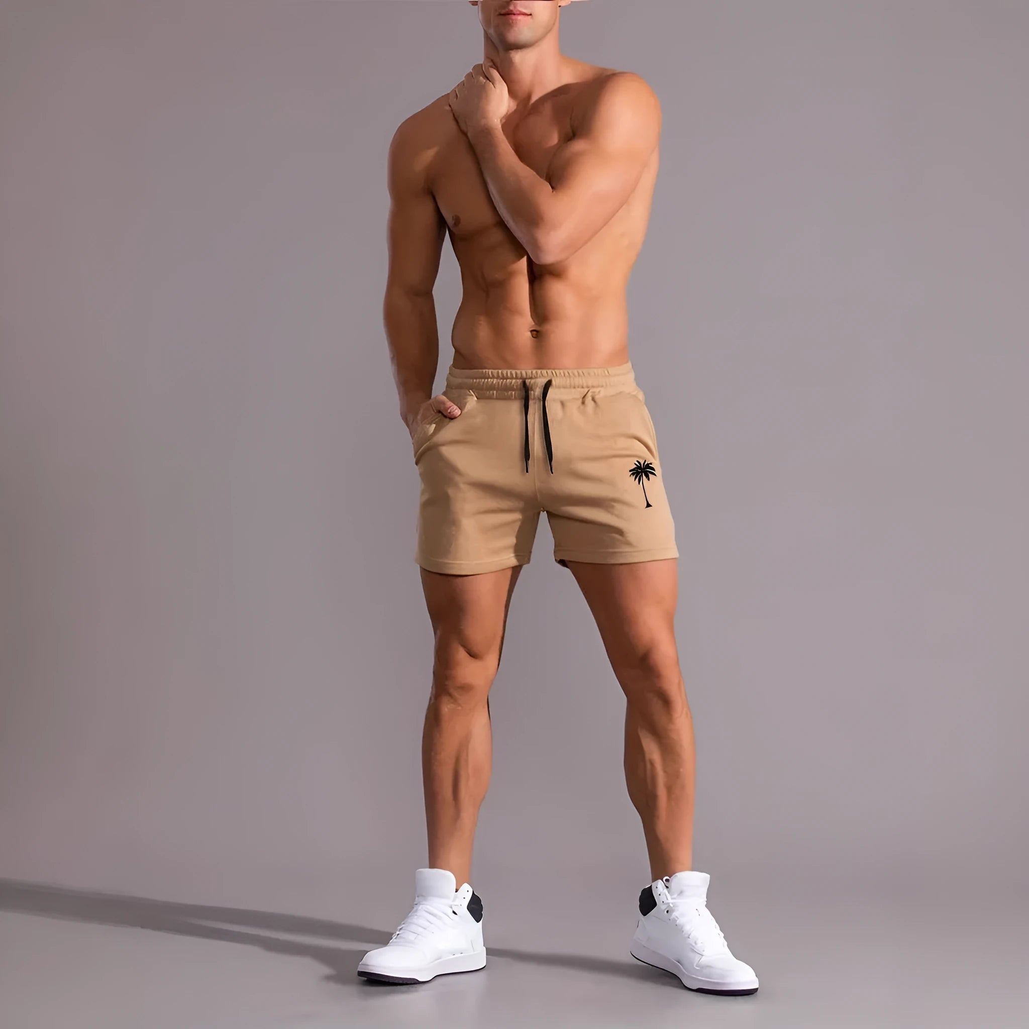 Men's khaki coconut print sports shorts with straight cut design and micro elastic polyester fabric