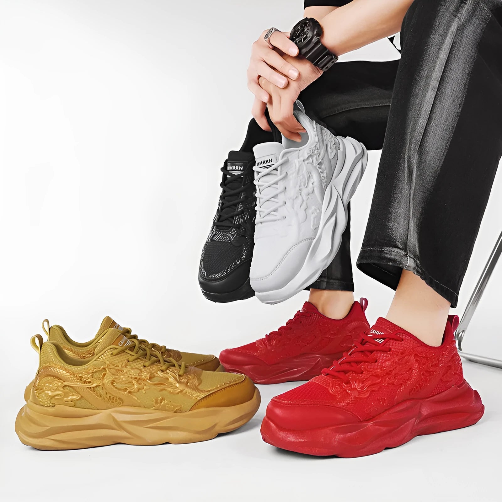 Men's casual fly knit sneakers with dragon design and rubber sole in multiple colour options