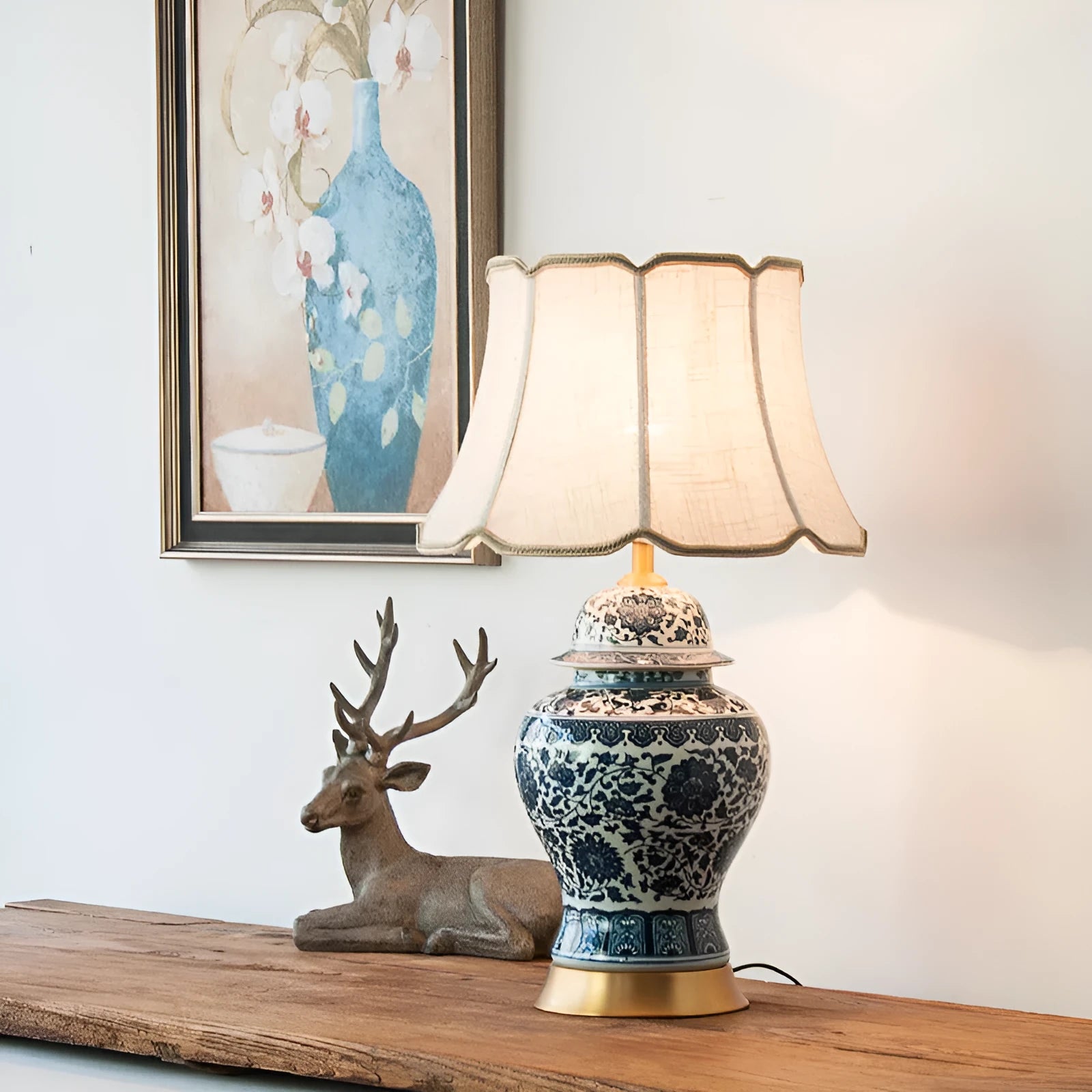 Chinese blue and white porcelain table lamp with copper base and cloth shade
