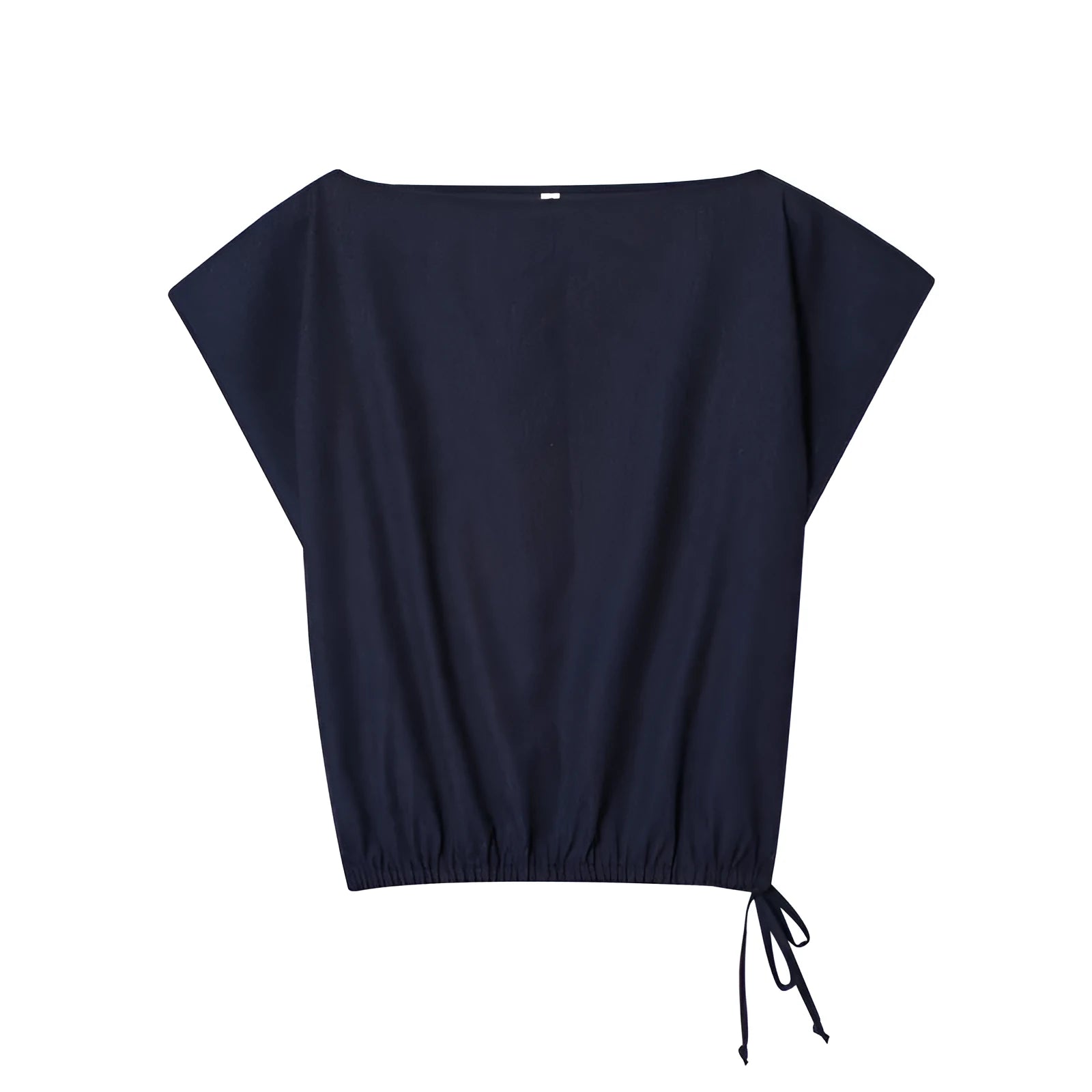 Women's linen blend co-ord set showing off-neck top with flounced sleeves and wide leg trousers.