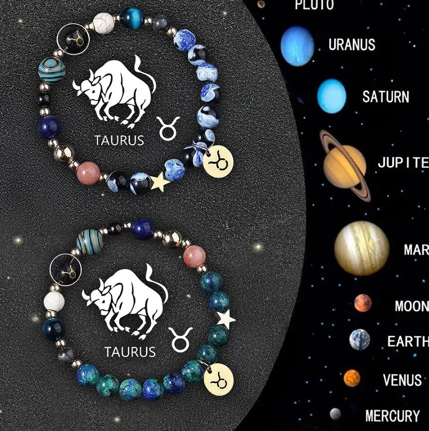 Two natural stone beaded bracelets with zodiac sign charms on a dark background.