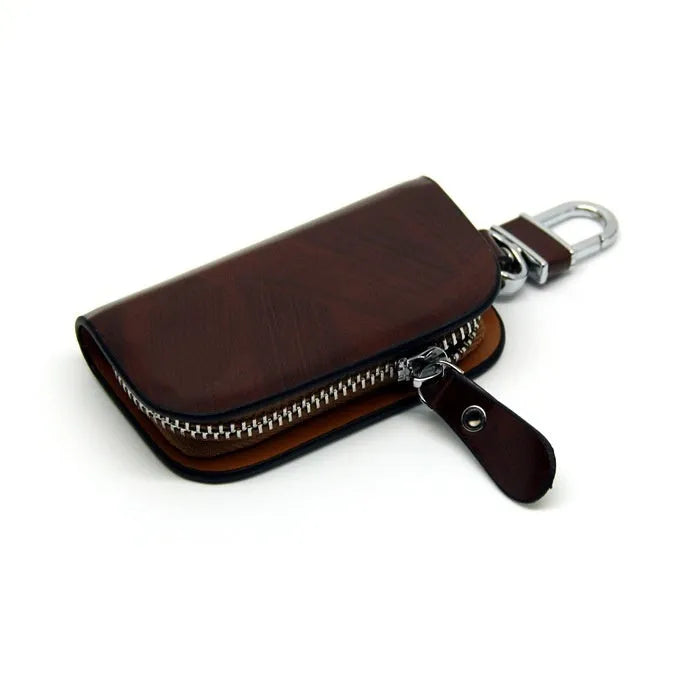 Genuine V-grain cowhide leather car key case in black or brown colour with frosted finish