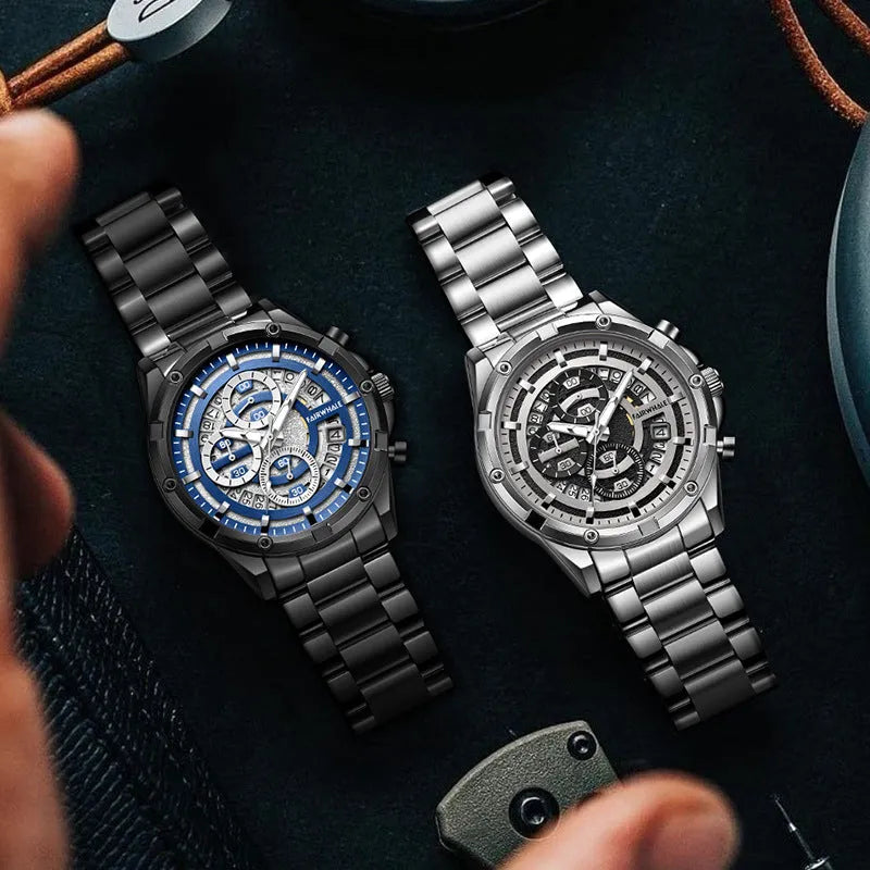 Men's luminous waterproof quartz watch with a steel bracelet in a casual style.