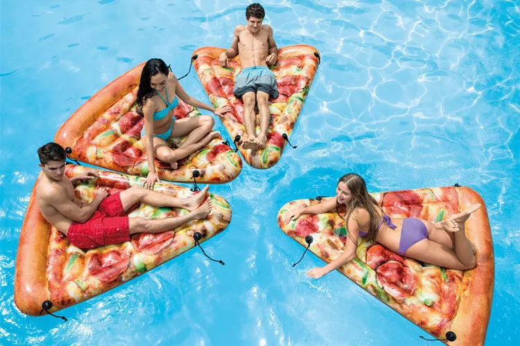 Pizza-shaped inflatable surfboard lounger for pools and beaches