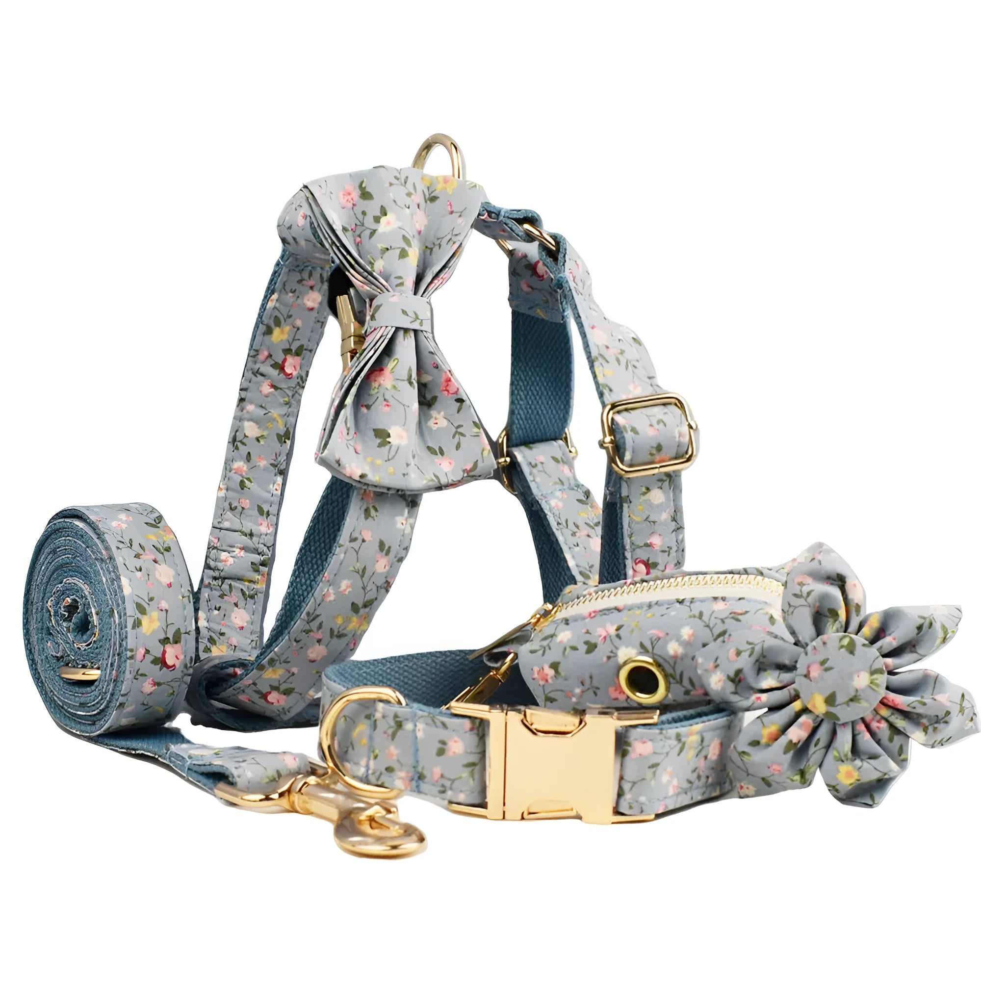Blue floral patterned polyester cotton dog collar with adjustable fastener and coordinating accessories