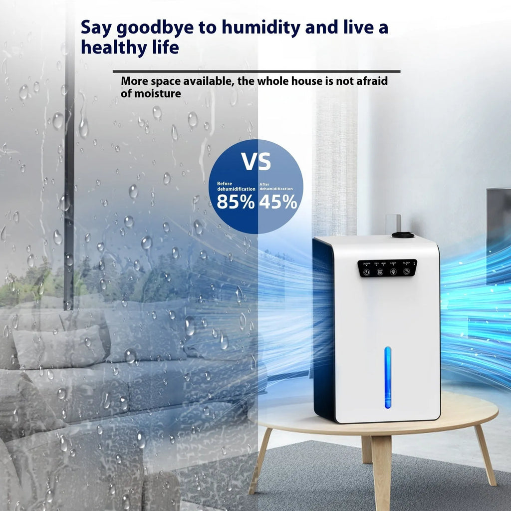Milky white small household dehumidifier for bedroom use on a floor