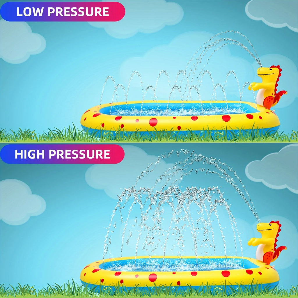 Blue and yellow dinosaur and shark themed large inflatable water spray pool for kids in a garden