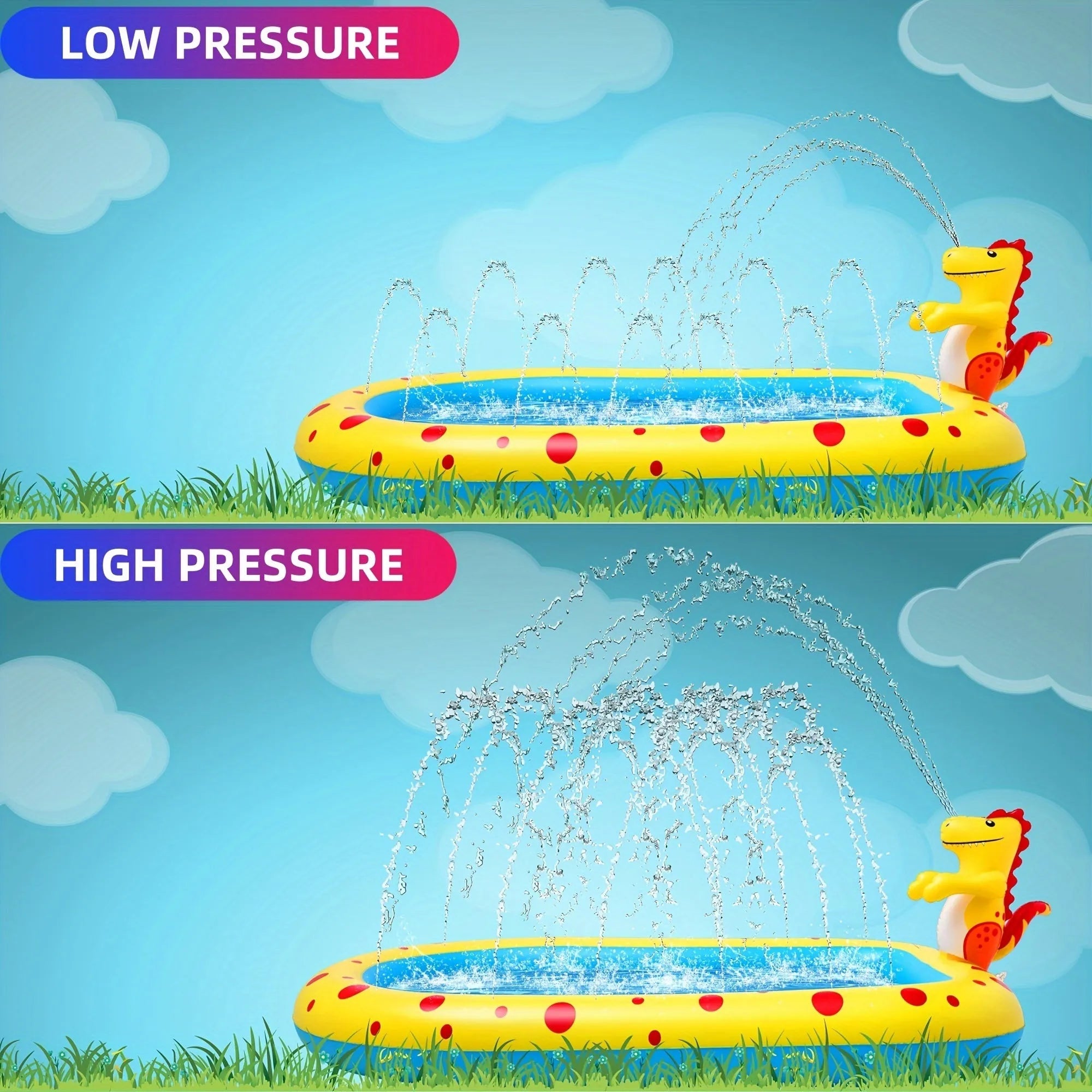 Blue and yellow dinosaur and shark themed large inflatable water spray pool for kids in a garden