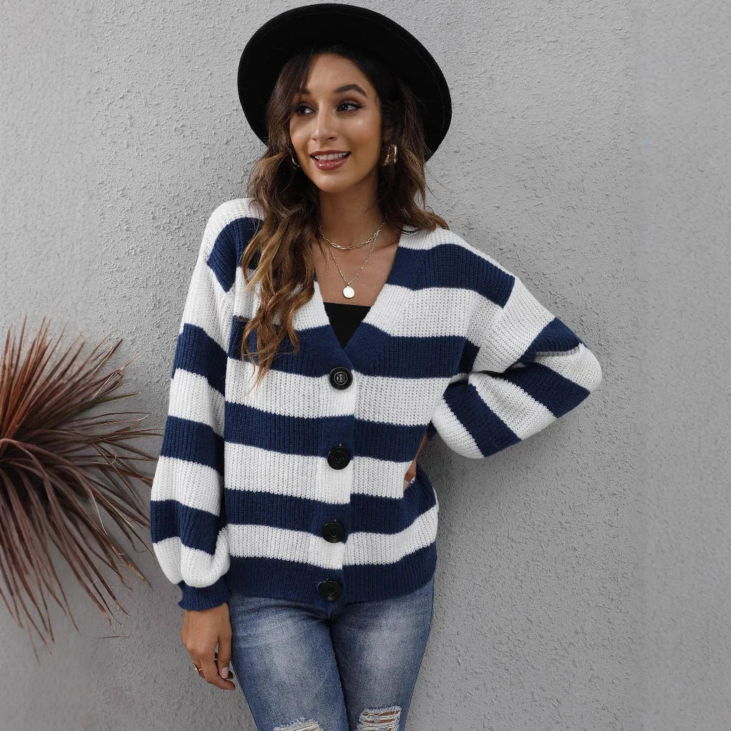 Women's striped cardigan sweater in deer plush fabric with button front, shown in blue colour.