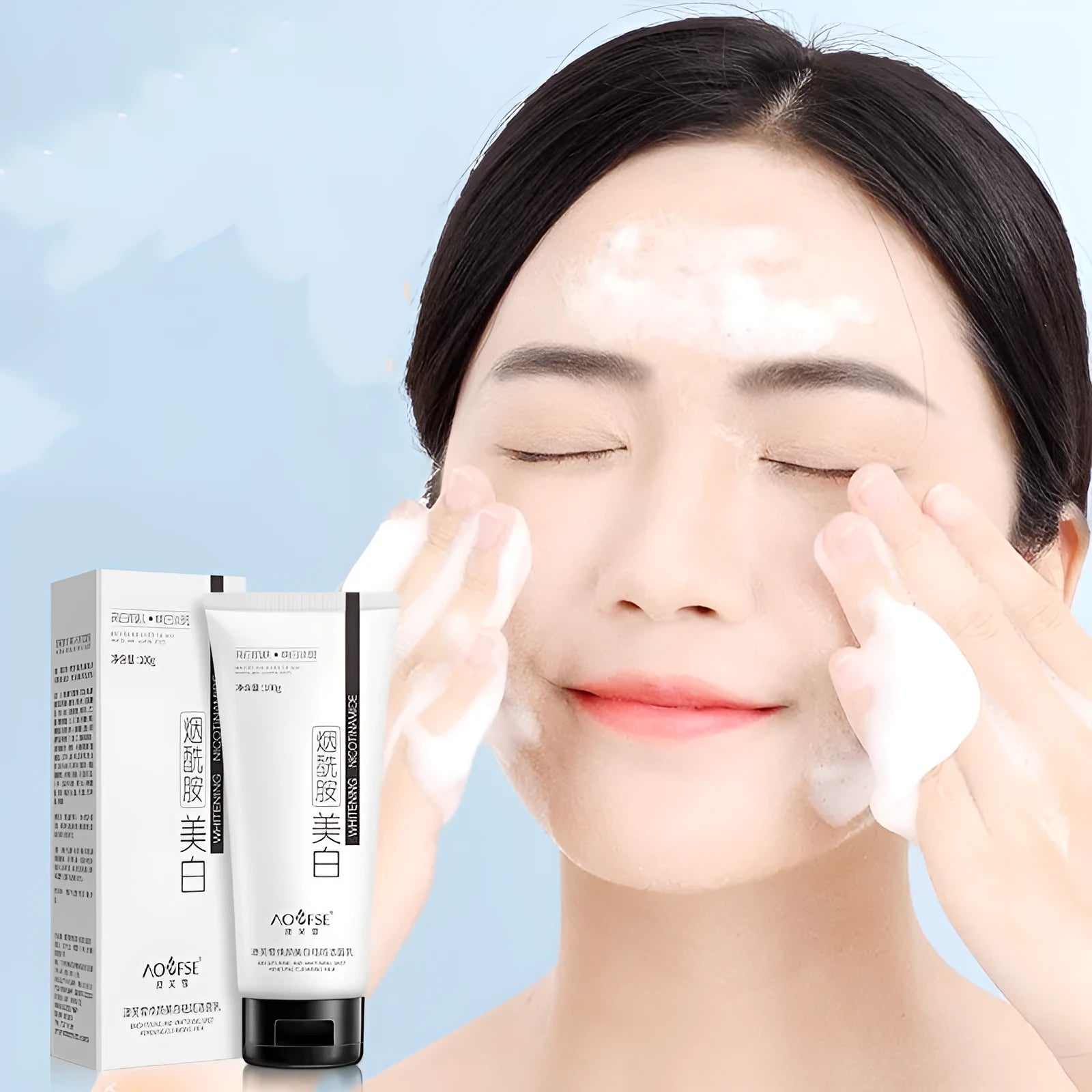 White facial cleanser bottle for whitening and freckle removal with pore cleansing benefits
