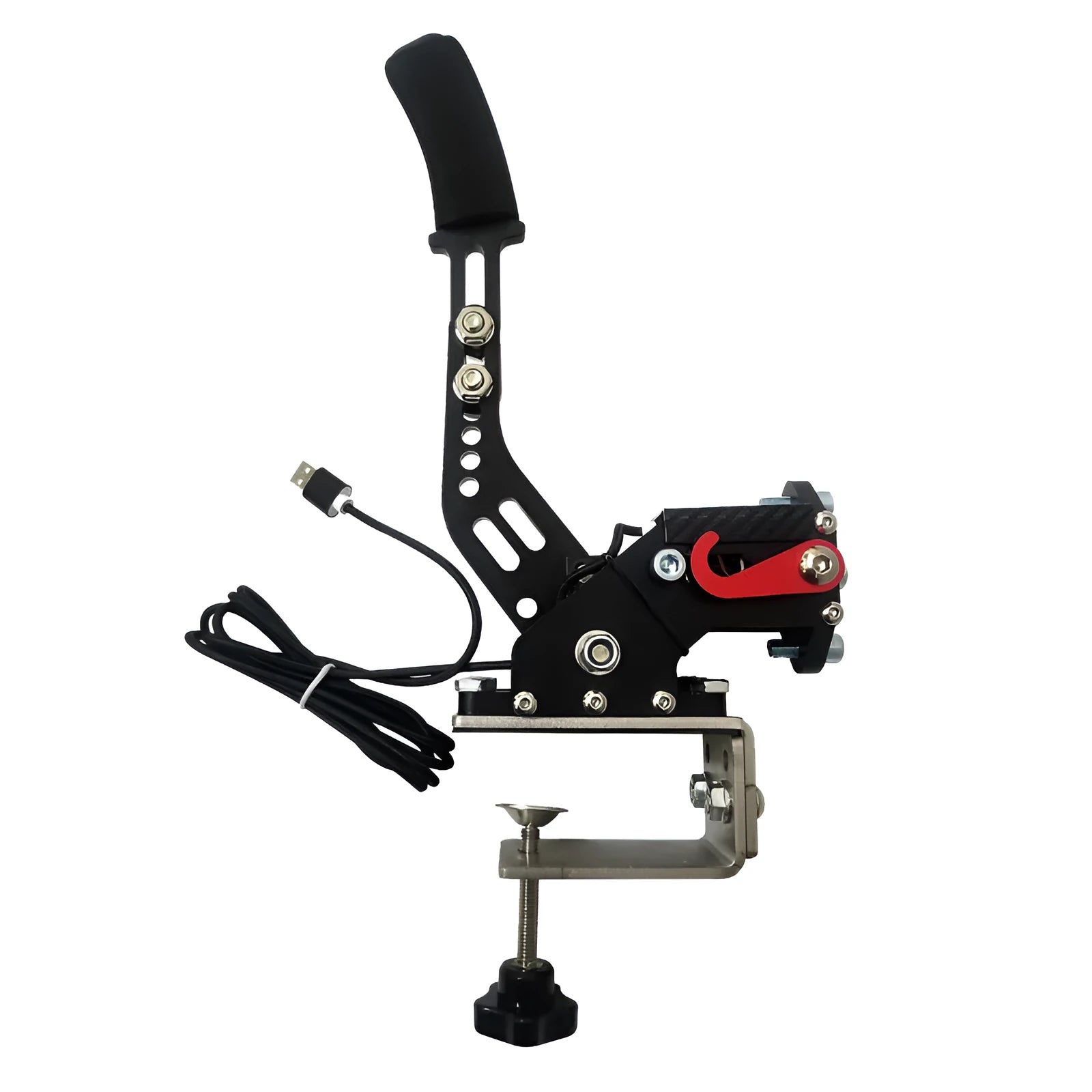 Aluminum linear handbrake body with clamp for drift racing simulators compatible with Logitech and Thrustmaster wheels