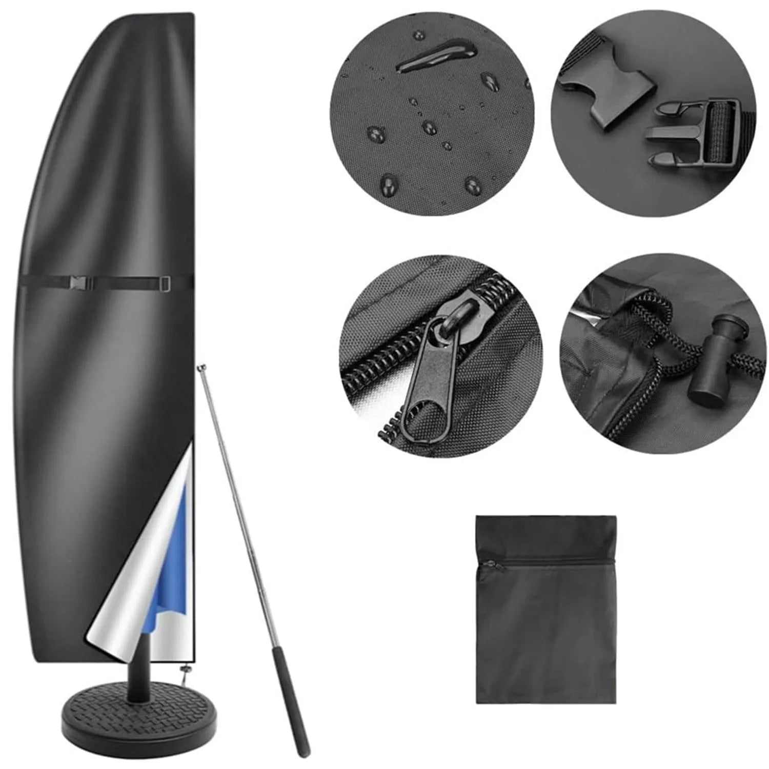 Black waterproof Oxford cloth cover for a banana-shaped offset outdoor umbrella.