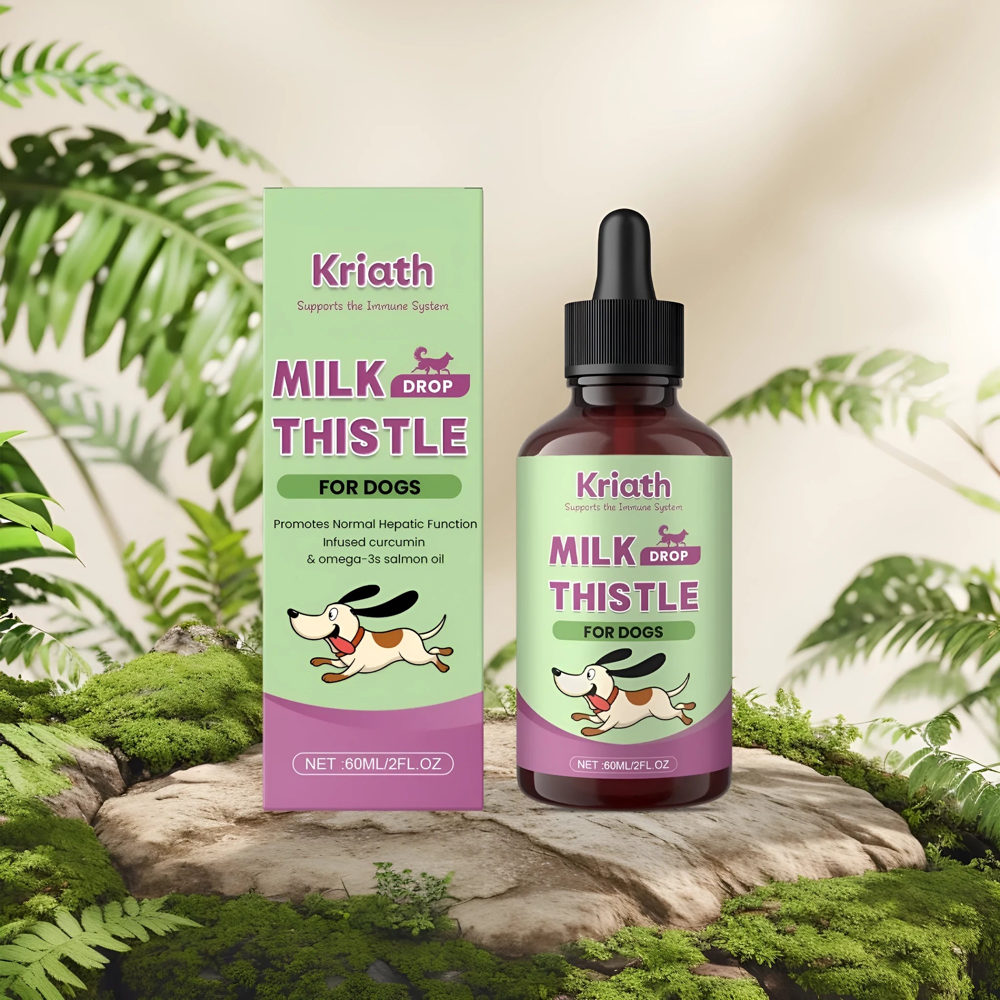 60ml bottle of dog milk thistle extract nutrient liquid supplement with turmeric and omega-3