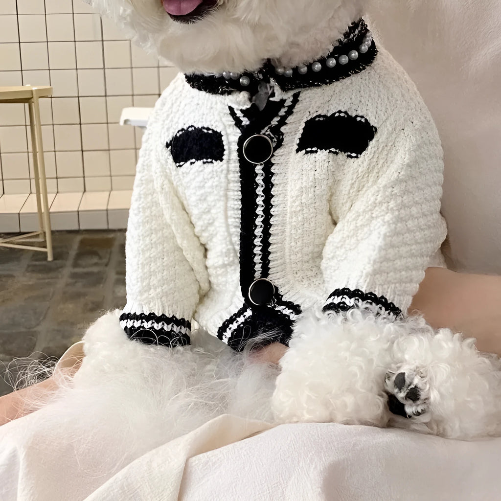 Korean princess style dog sweater with pearl collar for small dogs in black and white colours