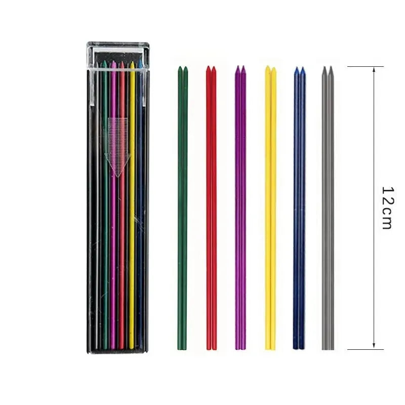 Box containing 12 coloured mechanical pencil refill leads on a white background