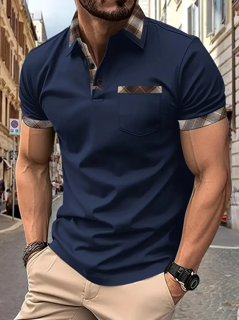 Men's plaid colourblock t-shirt with zipper decorations in loose fit polyester fabric