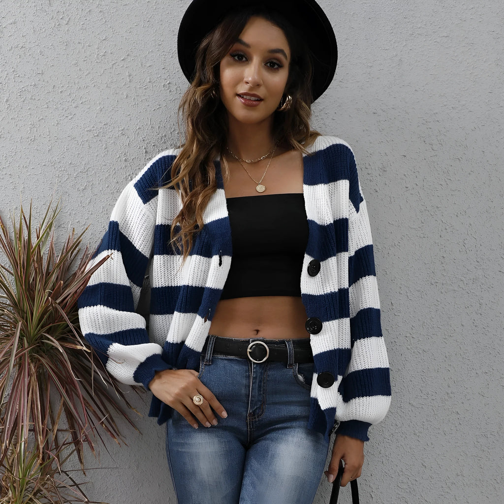 Women's striped cardigan sweater in deer plush fabric with button front, shown in blue colour.