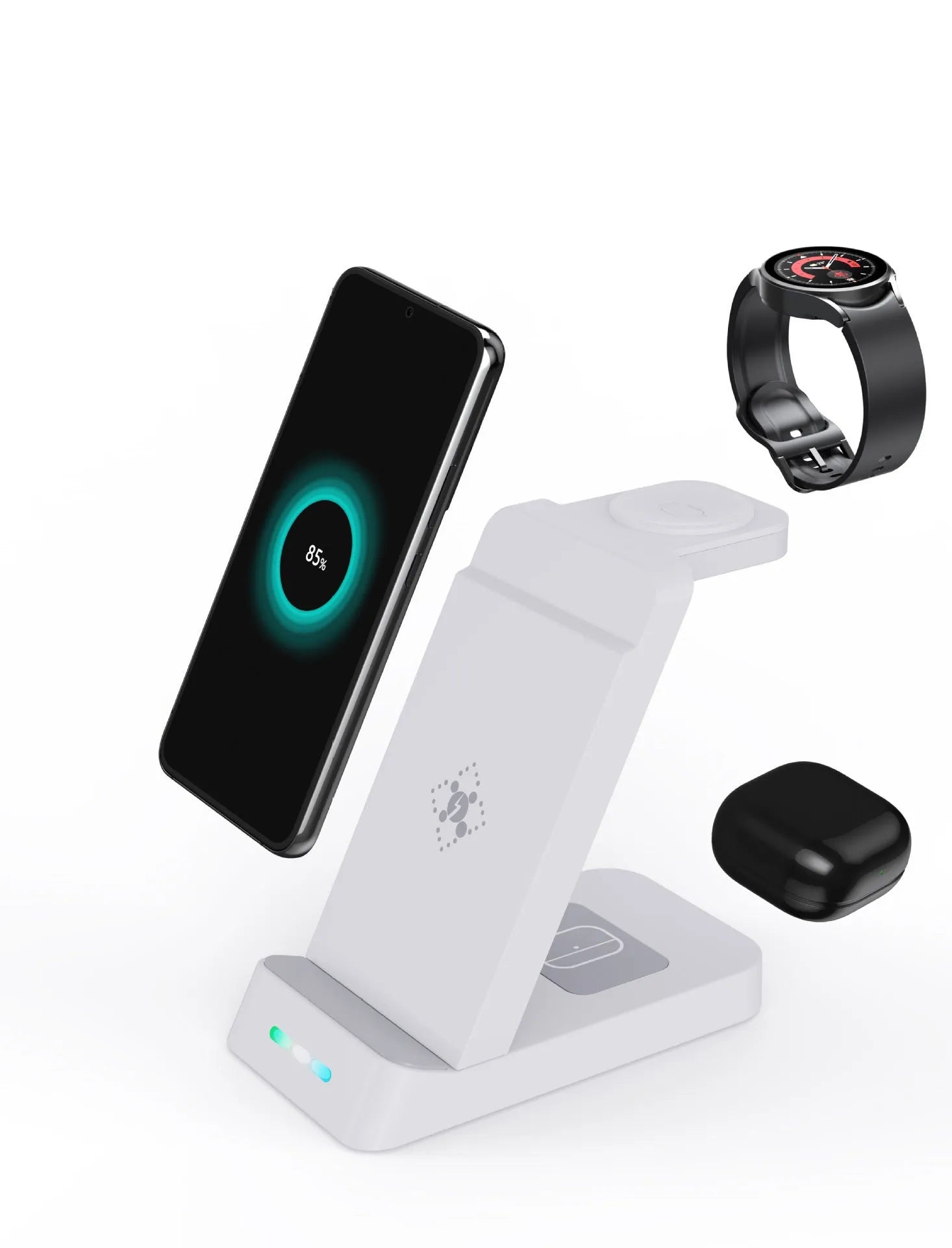 Black 3-in-1 wireless charging station holding a phone, AirPods case and Apple Watch on a desk.