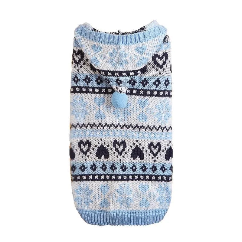Blue striped camouflage dog sweater with snowflake patterns on small white Bichon