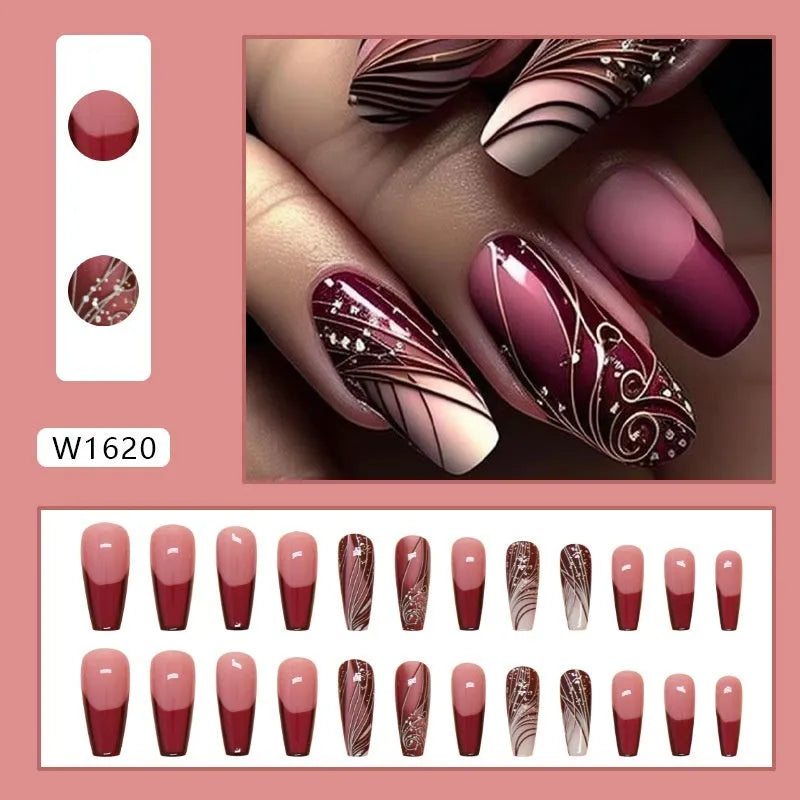 French line W1620 pattern fake nails set with 24 ABS plastic patches and glue