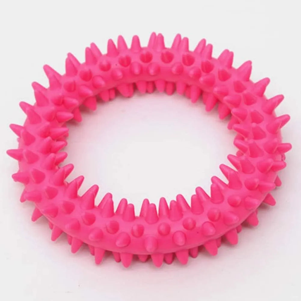 Blue TPR spiky ring dog chew toy with dental cleaning nubs on a white background