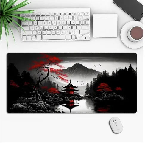 Anime pattern gaming mouse pad with non-slip rubber base on desk surface