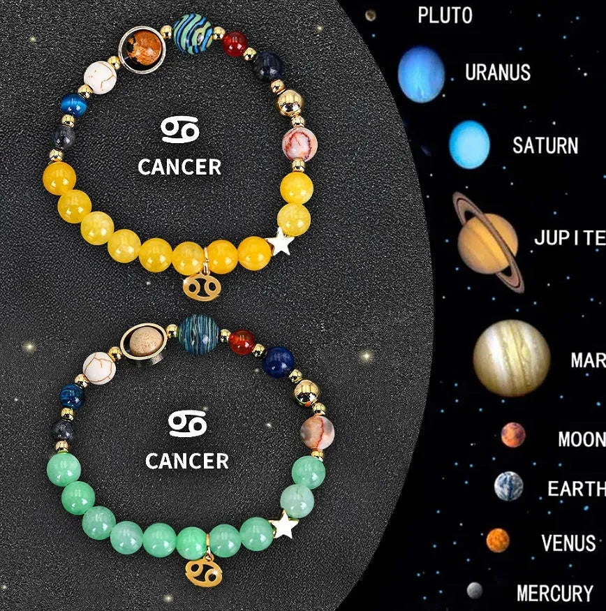 Two natural stone beaded bracelets with zodiac charm pendants on adjustable leather straps