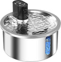 Stainless steel pet water fountain with heating base, in black or white.
