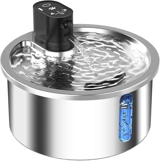 Stainless steel pet water fountain with heating base, in black or white.