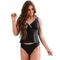 Black solid colour women's two-piece bikini swimsuit on a white background.