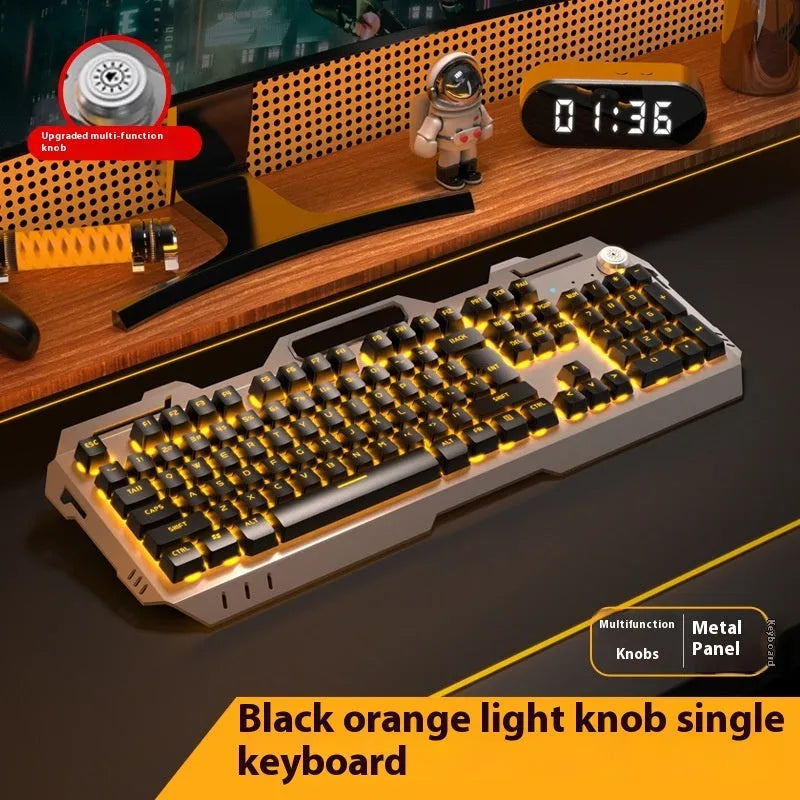 Aluminium mechanical-feel keyboard with control knob in silver black or metal grey colour with RGB lighting