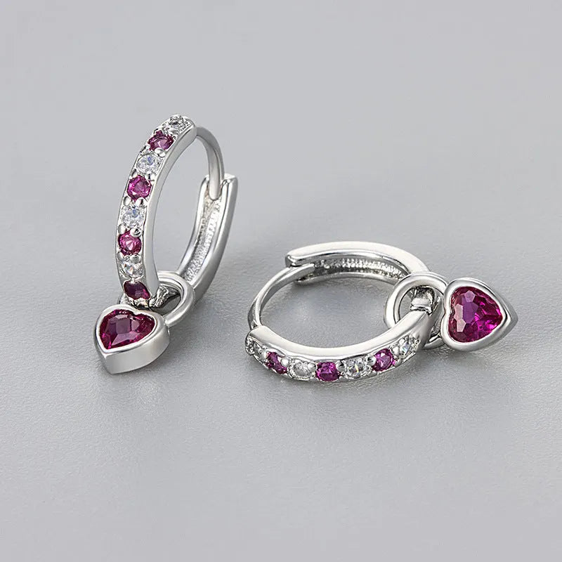 Women's heart drop earrings with coloured gemstone in gold or white gold colour metal
