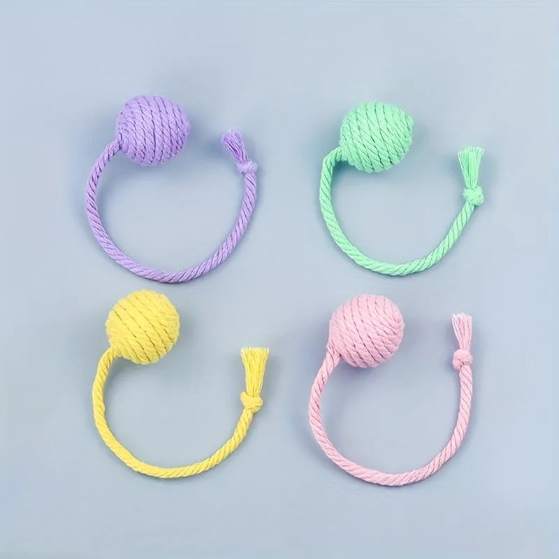 Colourful cat toy ball with rope and bell in green pink purple yellow options