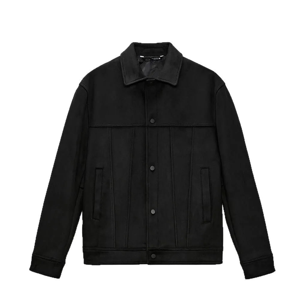 Black men's hooded jacket with suede collar, side pockets and straight hem