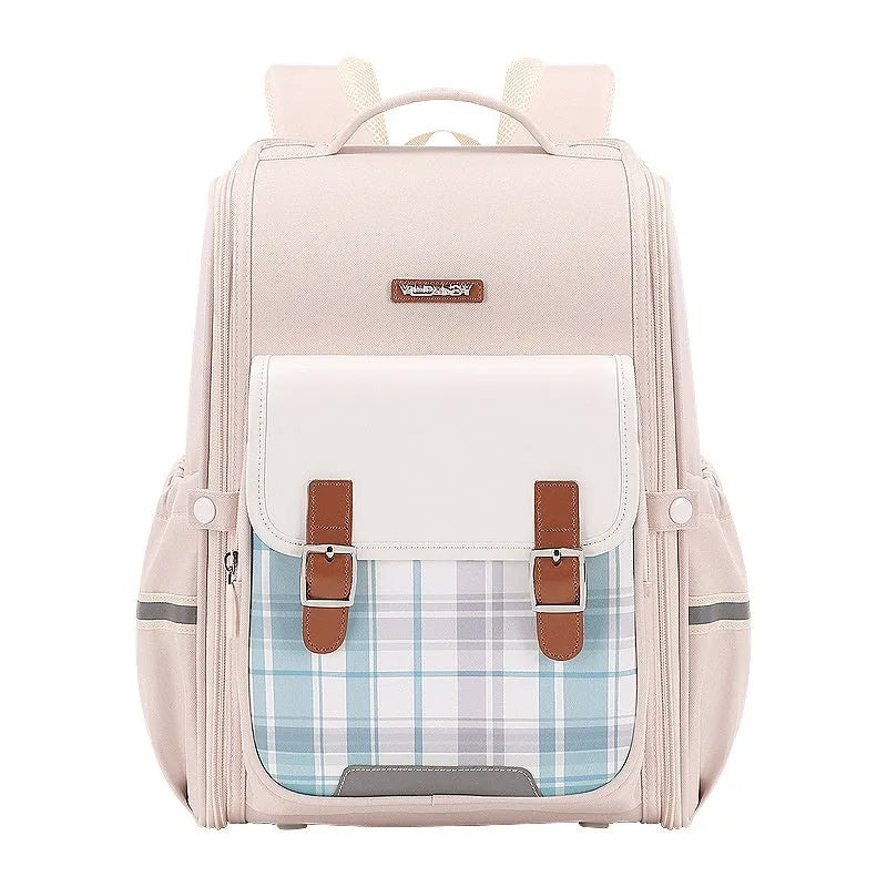 Lightweight Oxford cloth school backpack for students in navy blue, shown in a classroom setting.