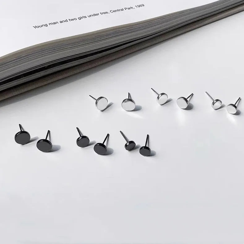 S999 sterling silver flat ear bone studs in silver and black colours, showing six size options from 3mm to 8mm diameter