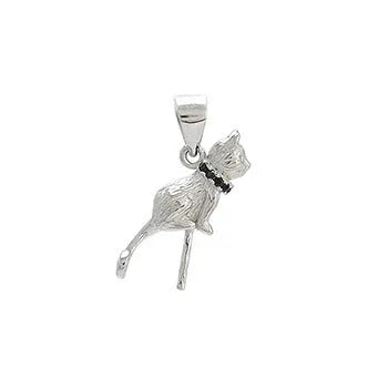 Close-up of a sterling silver cat silhouette pendant on a clavicle-length chain.