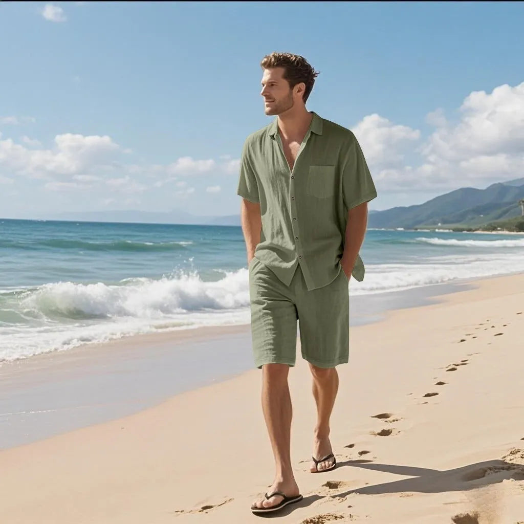 Linen blend casual short sleeve shirt and matching shorts set laid flat, shown in light blue colour.