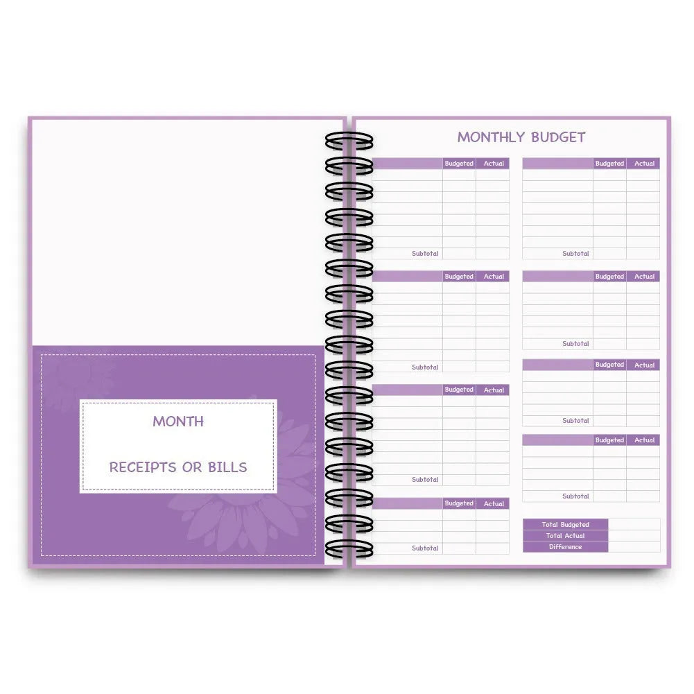 J12 purple coil-bound financial planning notebook with pen and sticker accessories for monthly budgeting