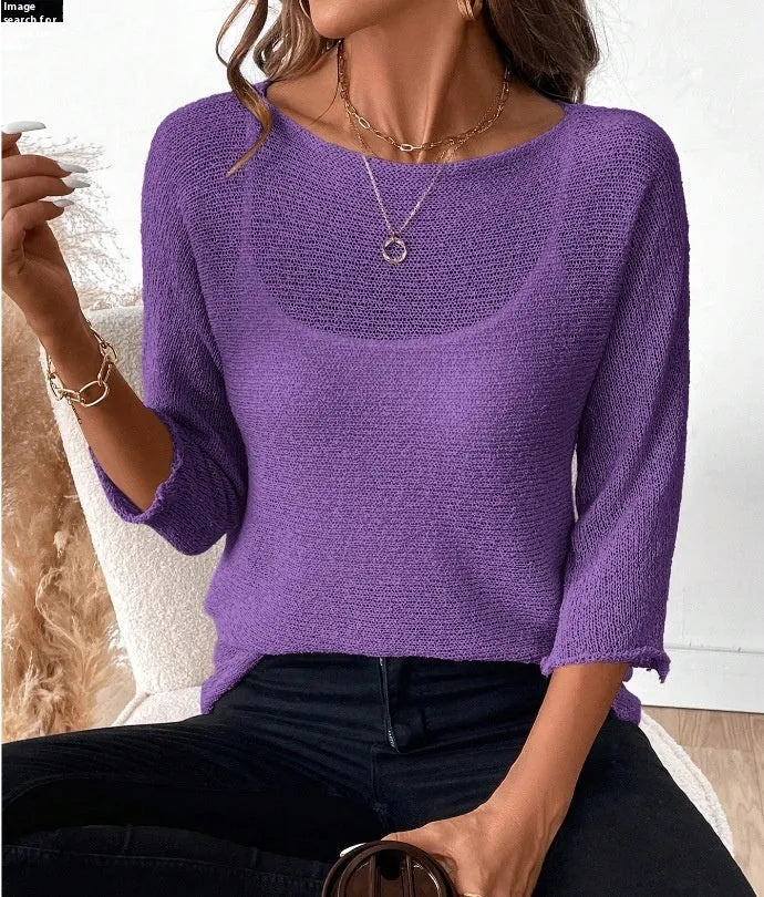 Women's thin knitted off-shoulder top in polyester with a 3D pattern, shown in a light colour.