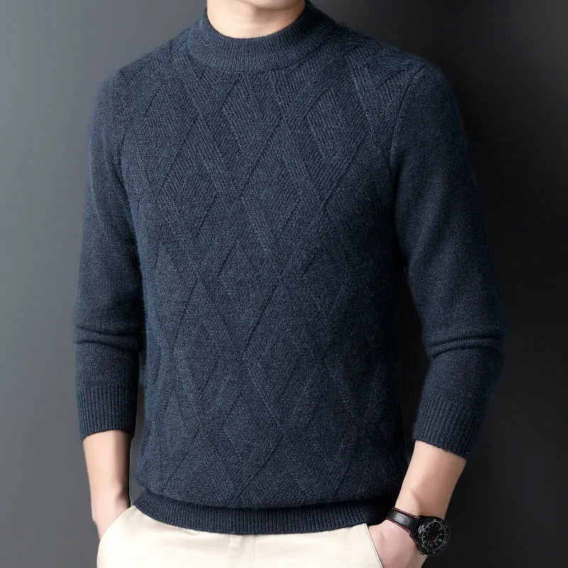Men's winter thermal plus size sweater in wool blend with diamond jacquard texture