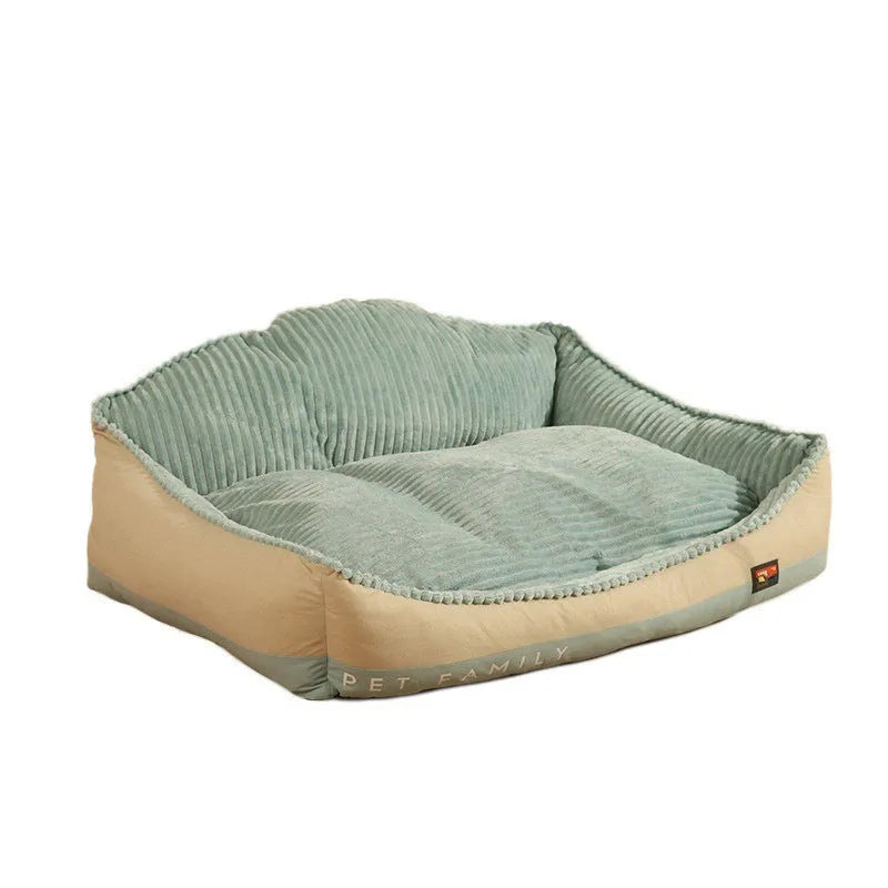 Morandi coloured removable dog mat cat bed in a doghouse shape on a sofa, shown in M and L sizes.