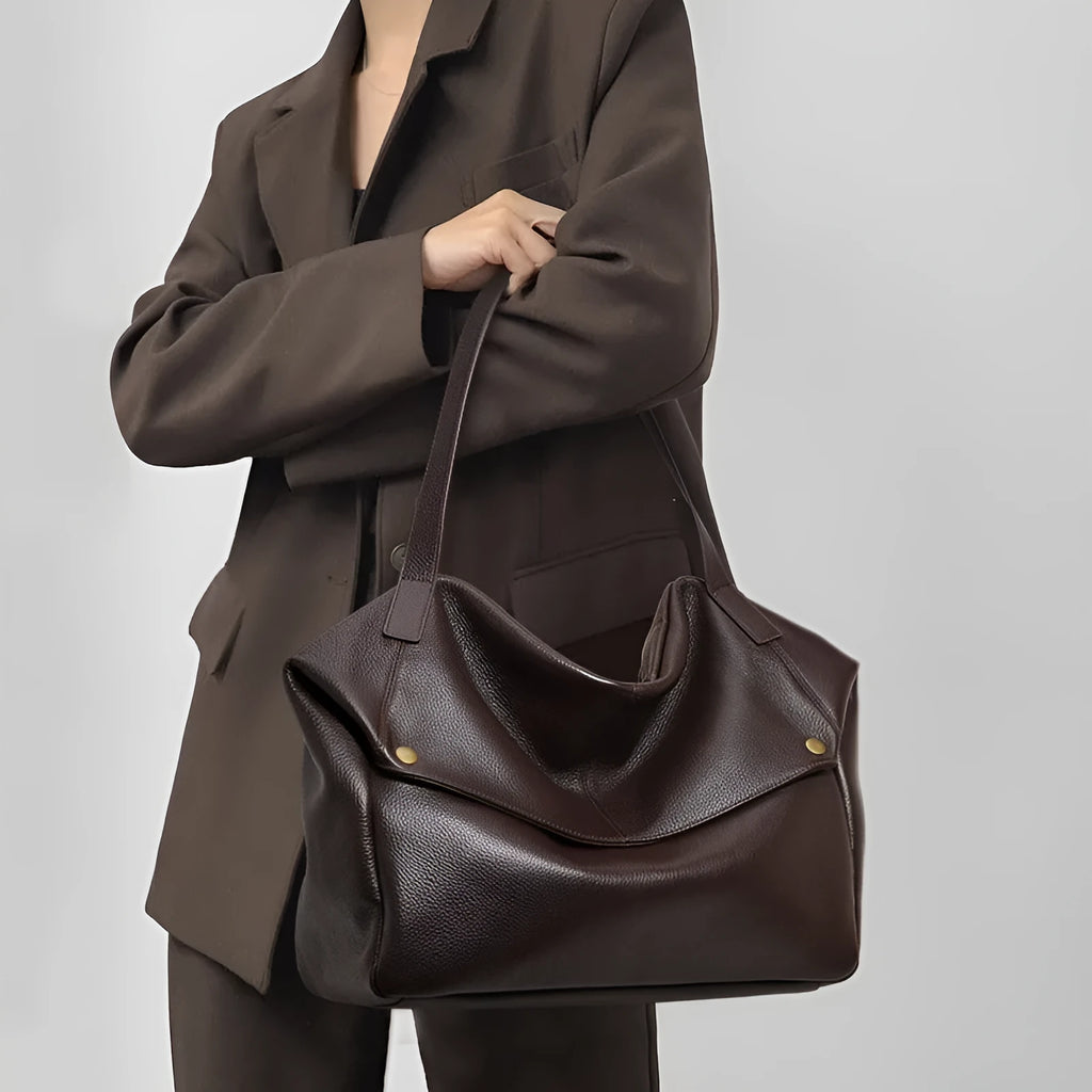 Brown genuine leather women's shoulder bag with horizontal square shape and internal organiser compartment