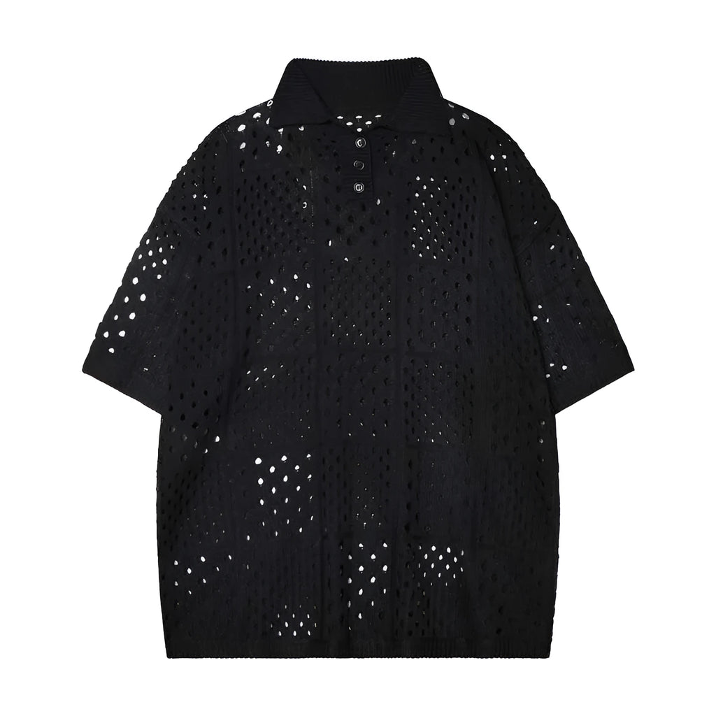 Short-sleeved polo shirt with hollow knit design in black colour showing loose fit