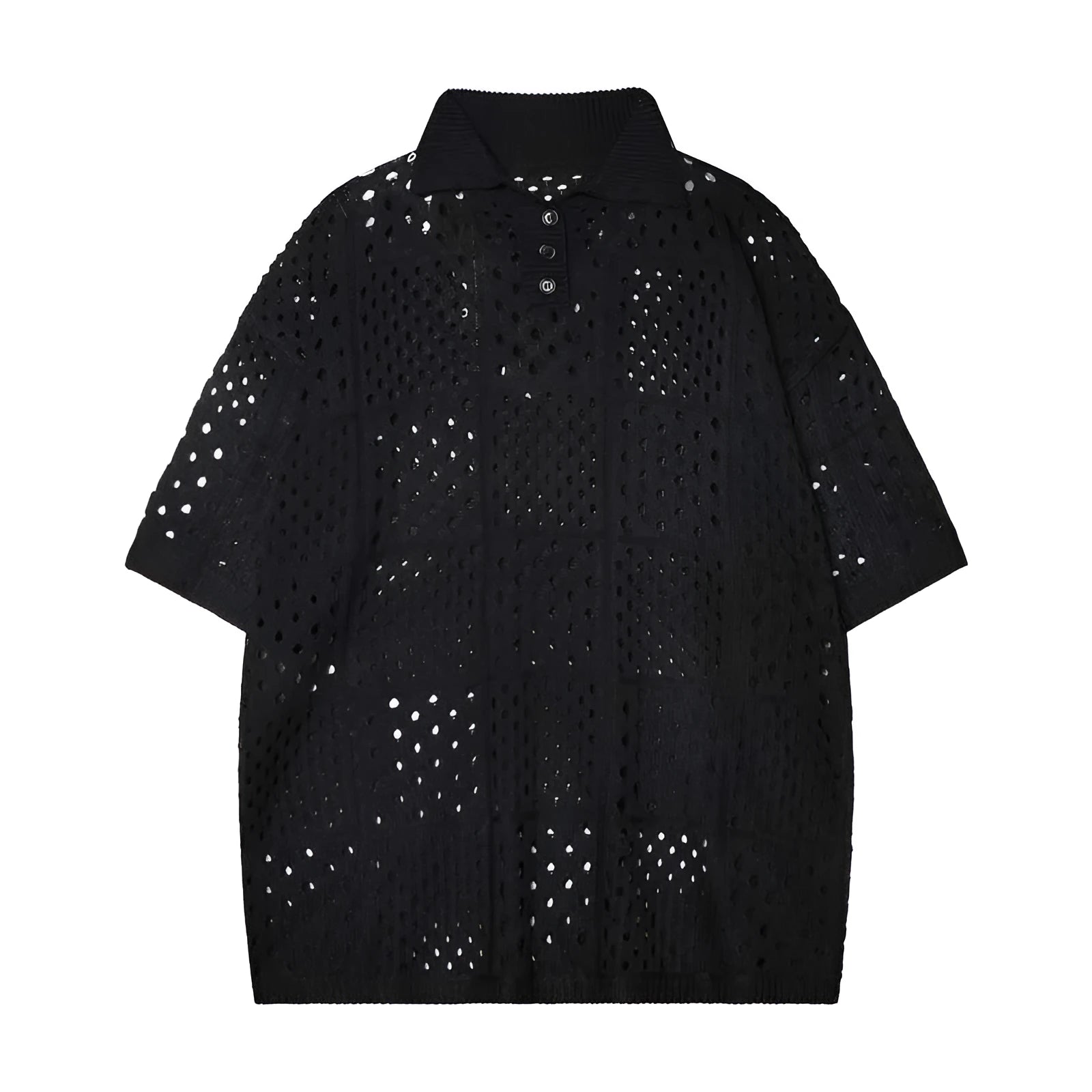 Short-sleeved polo shirt with hollow knit design in black colour showing loose fit