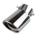 Stainless steel car exhaust tail pipe tip in baked blue finish, showing straight and curved shape options.