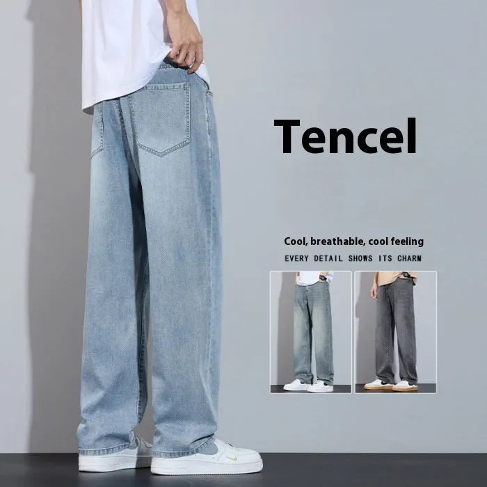 Straight-leg trousers in thin ice silk denim with wide-leg casual styling and zip fly